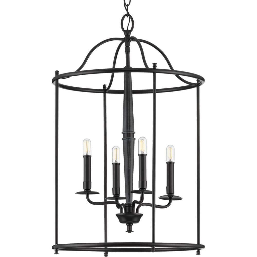 Progress Lighting Durrell 4-Light Foyer Pendant, Matte Black, Open-Cage, No Shade