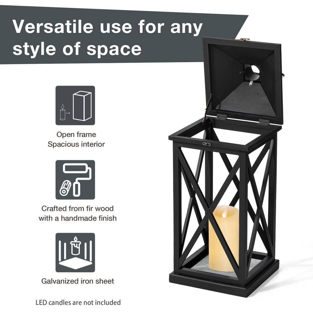 Glitzhome Modern Farmhouse Wooden Lantern Hanging Decorative Candle Lantern for Outdoor & Indoor Black Set of 2 (No Glass)