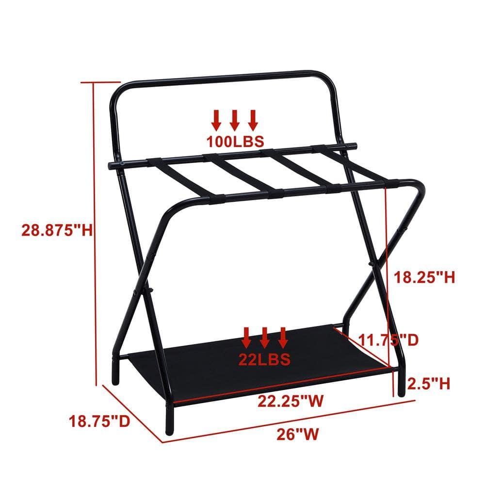 InRoom Designs Folding Luggage Rack - Suitcase Stand With Storage Shelf - Folding Luggage Rack for Guest Room and Bedroom - Sturdy Portable and Stylish Metal Suitcase Stand