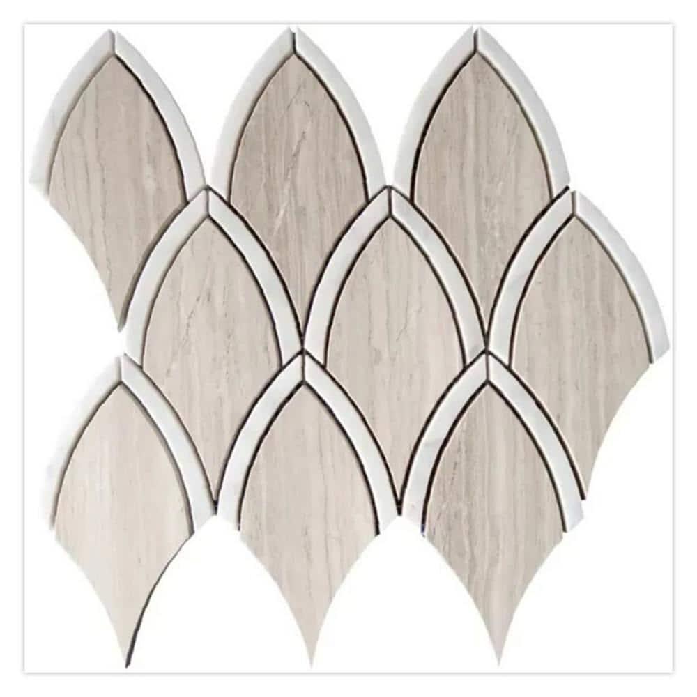 Elysian 9 X 10 In. Polished Wooden Beige, White Marble Mosaic Fan, Fish Scale Wall And Floor Tile (3 Sq Ft/Case) - 5 Pack
