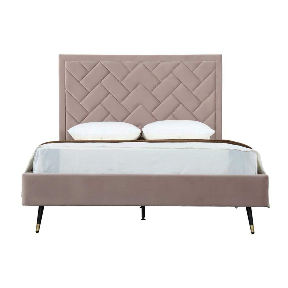 Manhattan Comfort Queen Crosby Modern Velvet Upholstered Bed Blush: Chic Wingback Design, Foam-Filled, No Box Spring Needed