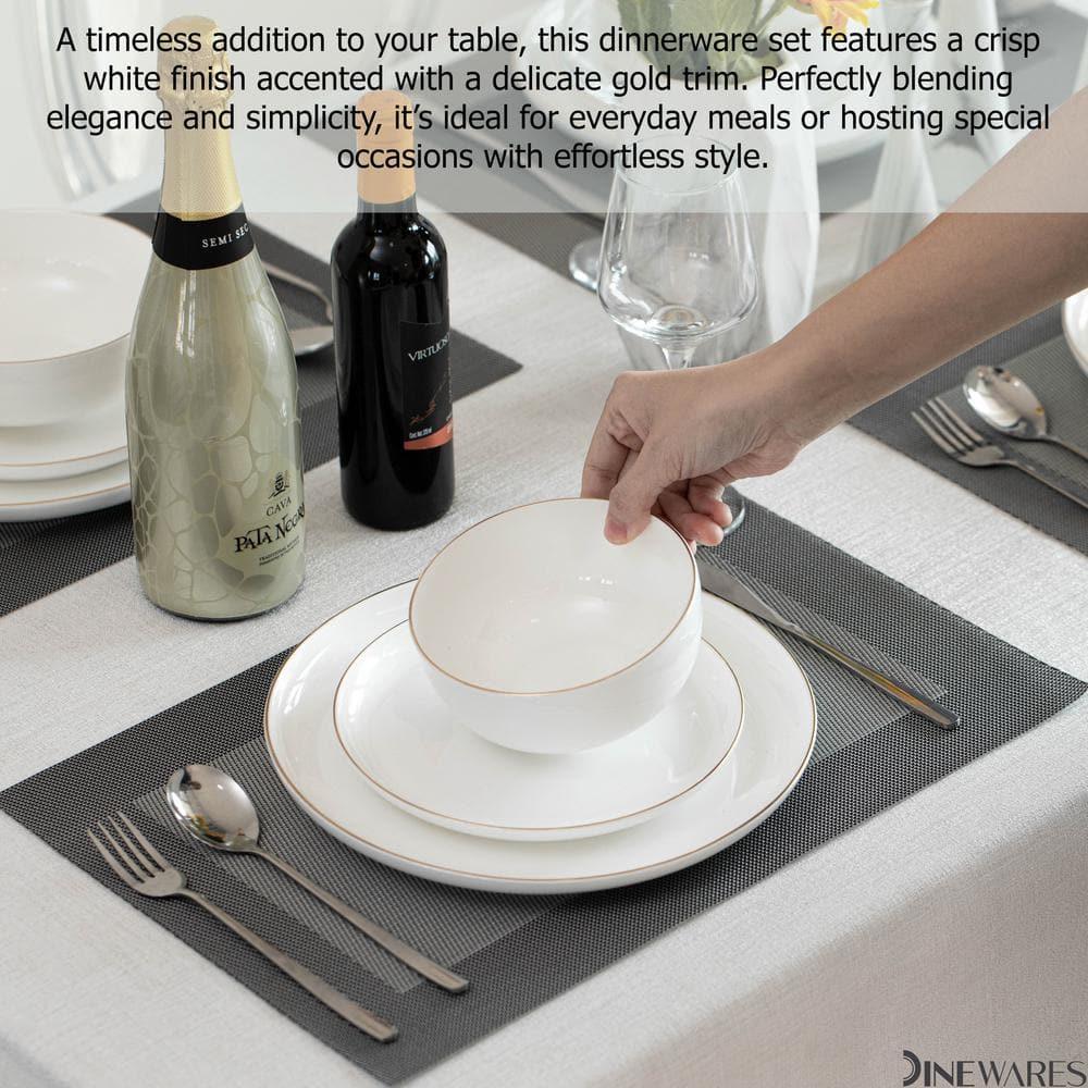 Dinewares White with Gold Rim Bone China Dinnerware Set - Service for 8, Includes Dinner Plates, Salad Plates, and Cereal or Soup Bowls