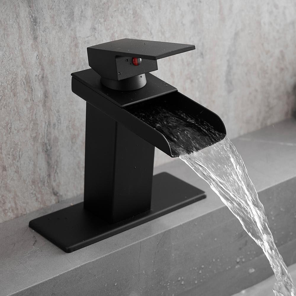 BWE Black Bathroom Faucet Waterfall Single Handle Bathroom Faucet One Hole Bathroom Sink Faucet with Supply Line Lavatory Vanity Mixer Tap Deck Mounted Matte Black
