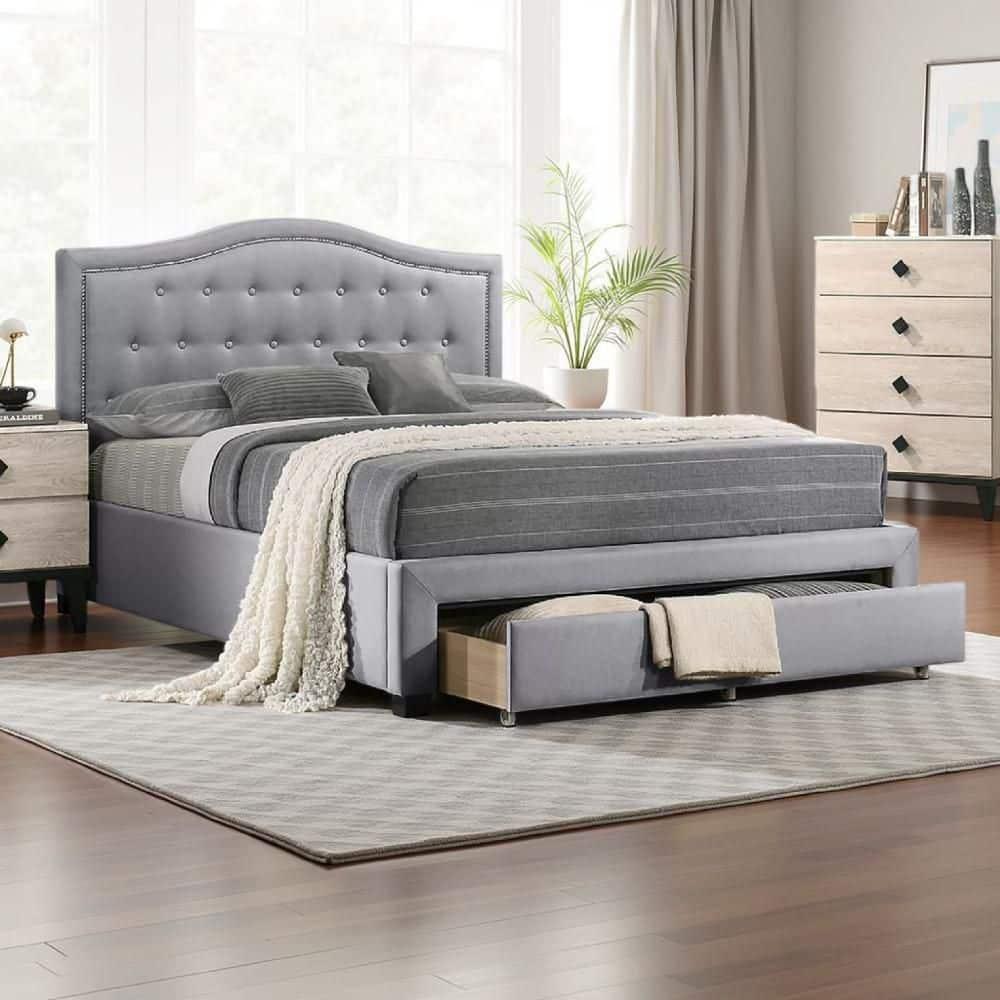 Benjara Sey  Bed W Storage Footboard, Light Gray Burlap Upholstery