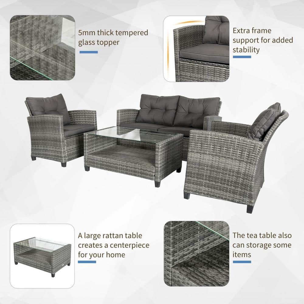 Outsunnny 4 Piece Patio Furniture Set, Outdoor Wicker Loveseat Sofa & Chairs, with 2-Tier Coffee Table & Tufted Cushions, Carbonized