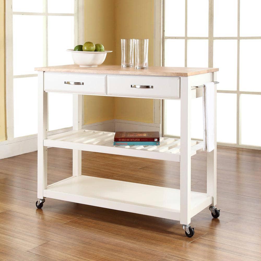 Crosley Natural Wood Top Kitchen Cart/Island with Optional Stool Storage  White : Solid Hardwood, Mobile Storage