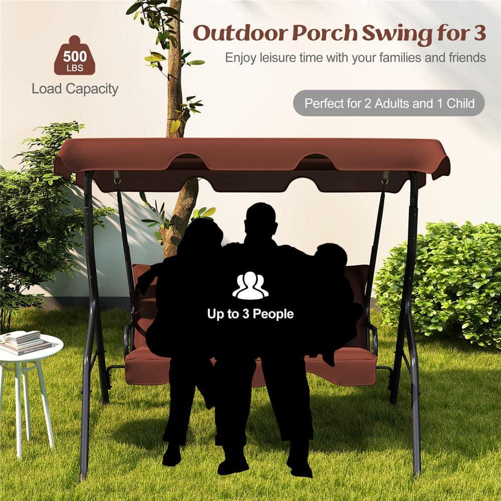 Tangkula 3 Person Porch Swing, Patio Swing with Removable Cushion & Powder-Coated Steel Frame, Outdoor Swing with Canopy for Porch, Backyard, Garden, Balcony (Coffee)