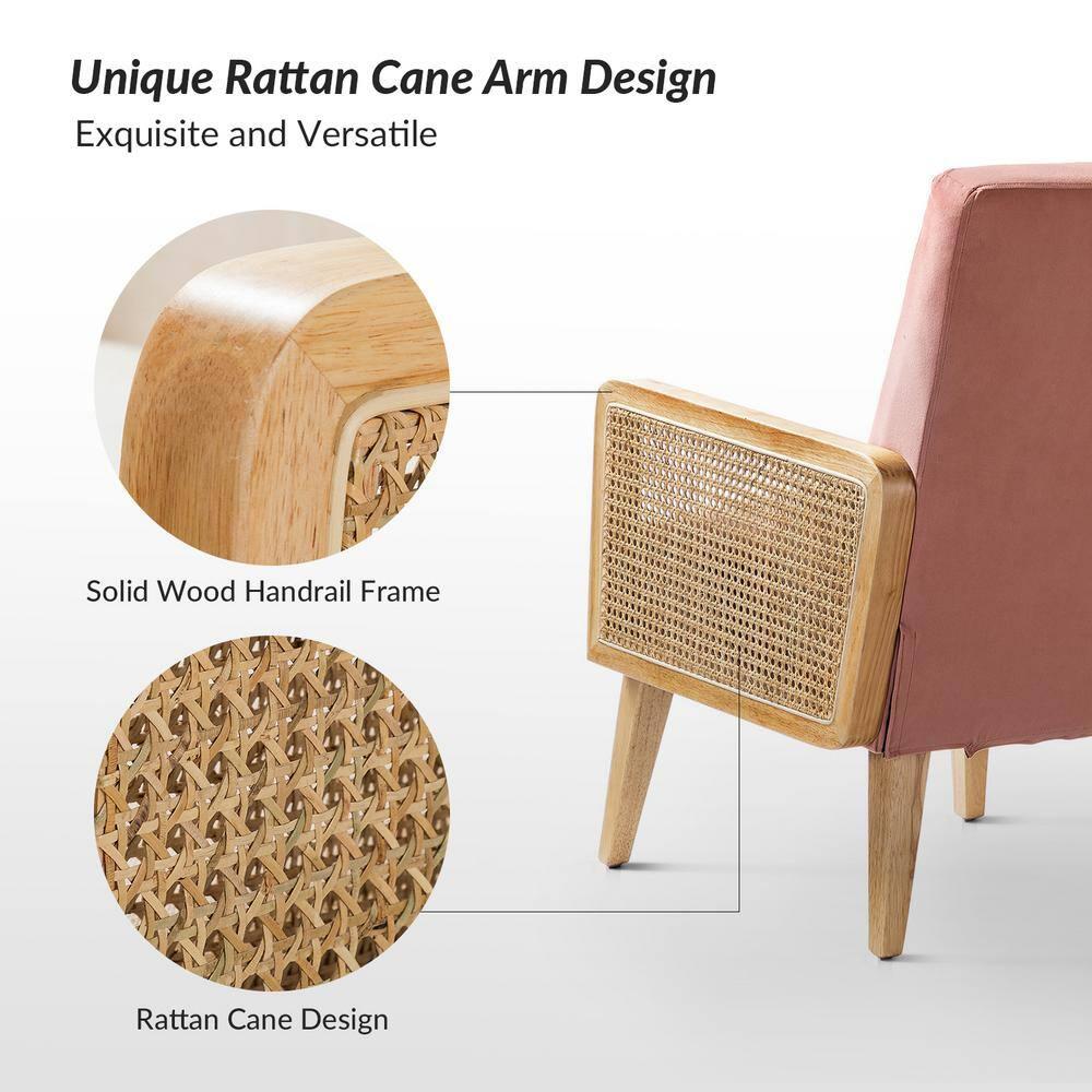 Farmhouse Accent Chair Rattan Armrests Fabric Upholstered Wooden Reading Armchair Living Bedroom Blush