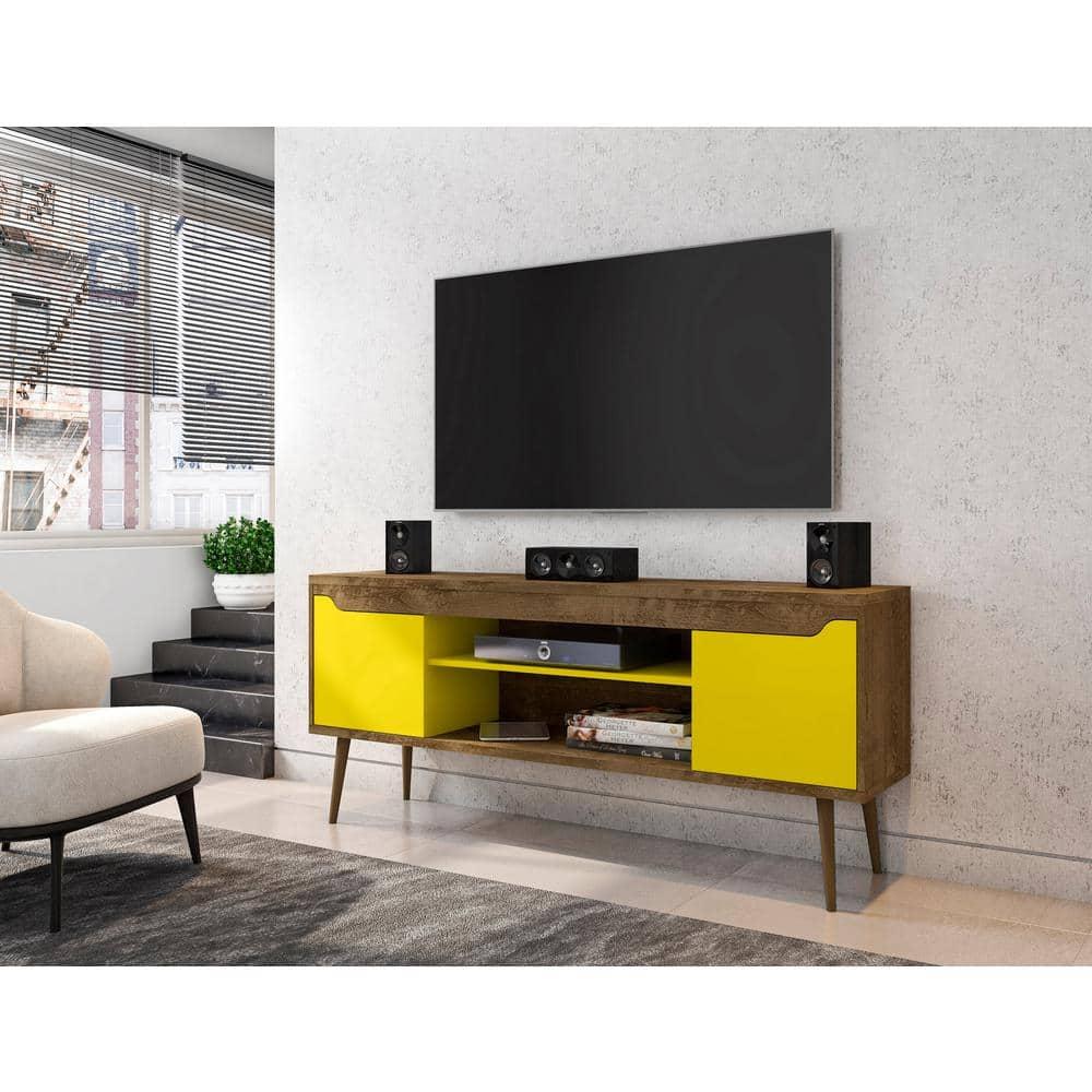 Manhattan Comfort Bradley TV Stand for TVs up to 60" Rustic Brown/Yellow: Mid-Century Modern Media Console with Open Shelves