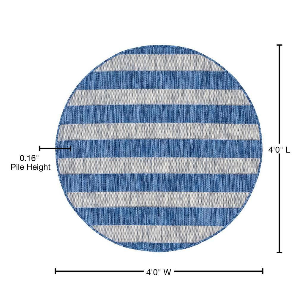 Unique Loom 4' 1 x 4' 1 Round Indoor/Outdoor Striped Blue Area Rug