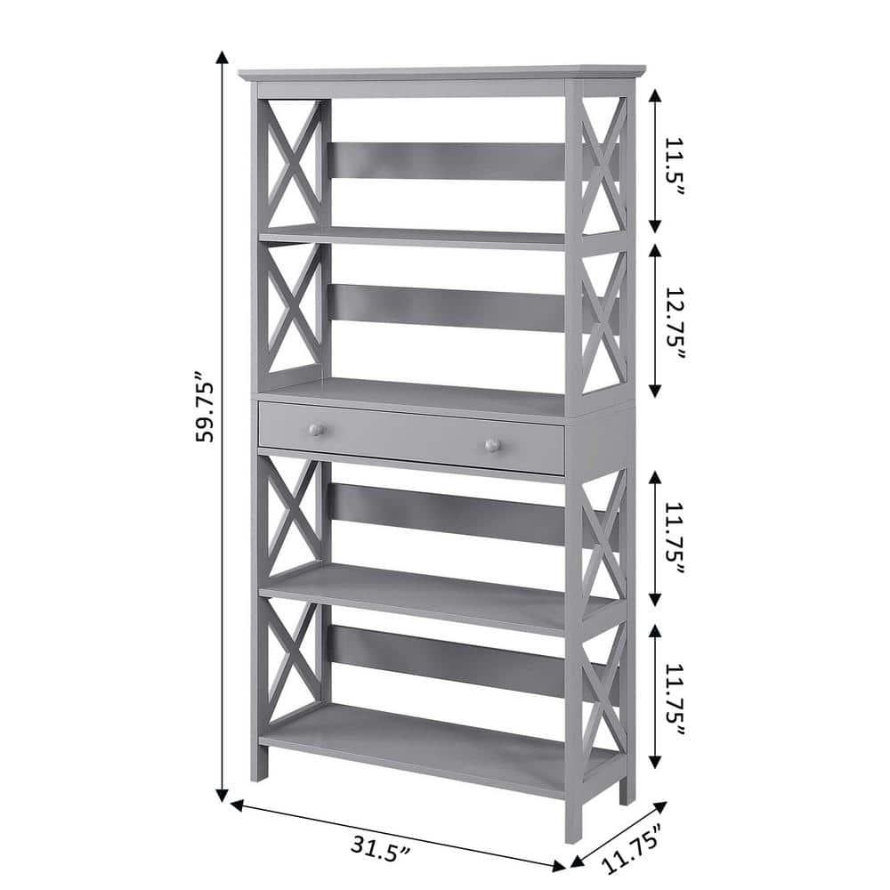 Convenience Concepts Oxford Five-Tier Bookcase with Drawer in Gray Wood Finish