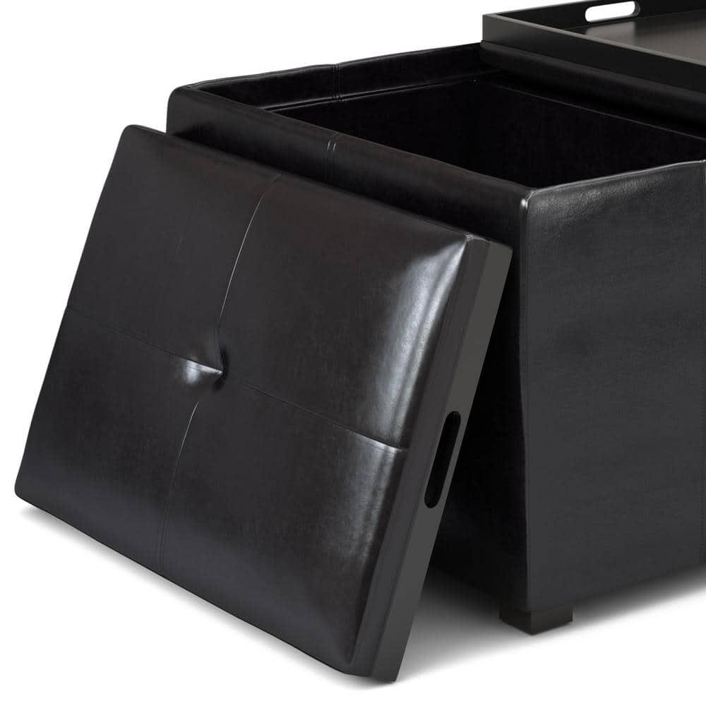 Simpli Home Avalon 34in.W Coffee Table Storage Ottoman in Midnight Black Faux Air Leather
