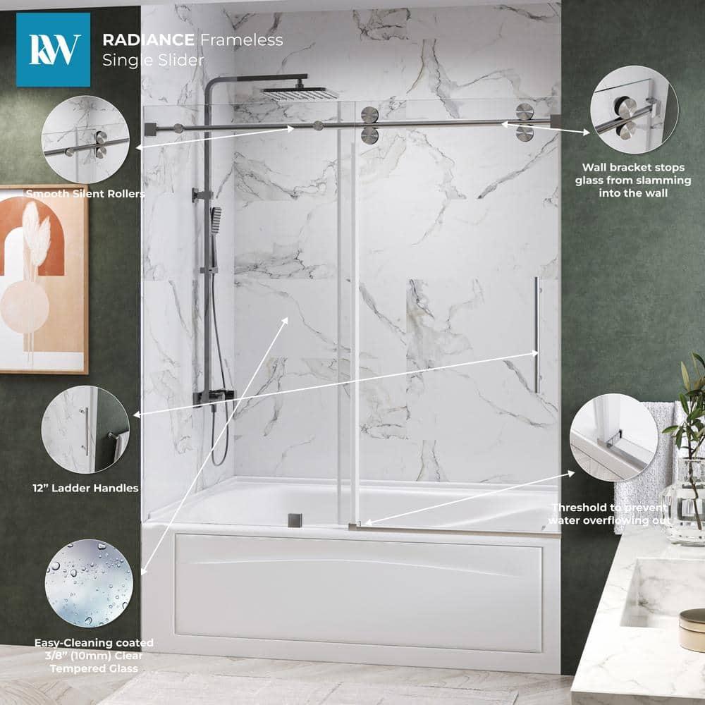 Frameless Sliding Shower Door, 76 x (44-48) Inch Frameless Shower Door, 5/16" (8mm) Clear Tempered Glass in Brushed Nickel Finish, Glass Shower Door