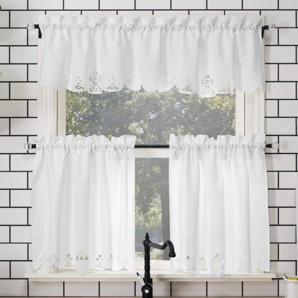 14"x58" Mariela Floral Trim Semi-Sheer Rod Pocket Kitchen Window Valance and Tiers Set White - No. 918: Light Filtering Kitchen Curtains Set