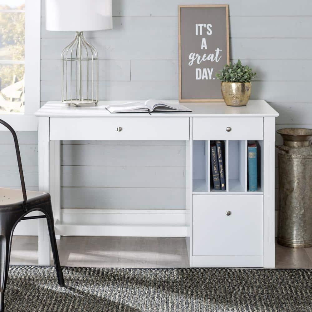 Walker Edison Modern Wood Computer Desk with Keyboard Tray and Drawers, White