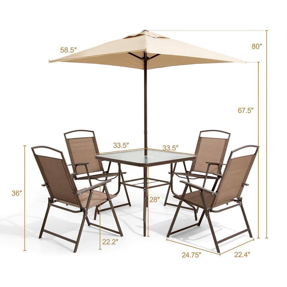 Crestlive Products 6 PCS Patio Dining Set,4 Folding Chairs, Square Tempered Glass Table and Umbrella Set, Brown