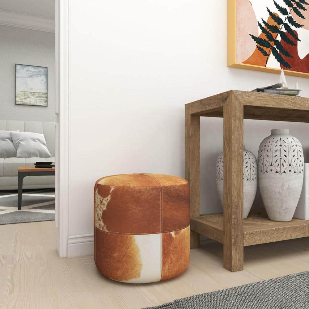 Olivia & May Wood and Leather Rustic Round Ottoman Brown: Contemporary Accent Stool, No Assembly Required
