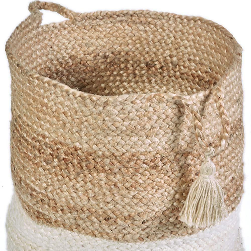 LR Home Woven Round Jute 17" Storage Basket with Handles, White Stripe