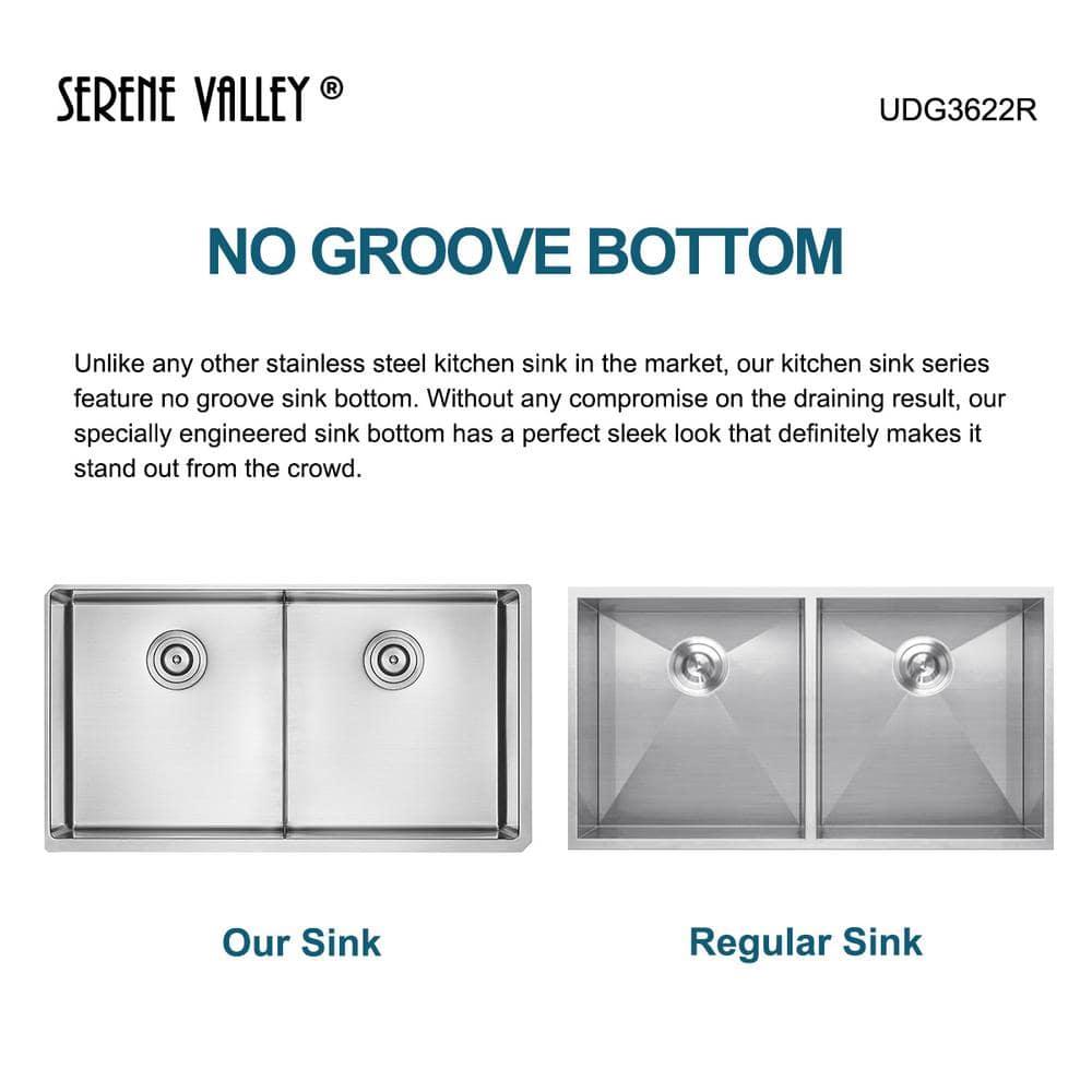 Serene Valley UDG3622R 36 in. Double Bowl Undermount Kitchen Sink, Thin Divider and Heavy-Duty Grids