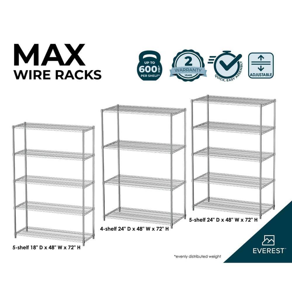 Everest Home Everest Wire Rack Heavy-Duty 5-Tier Utility Shelving Unit, 48 W x 24 D x 72 H, Chrome