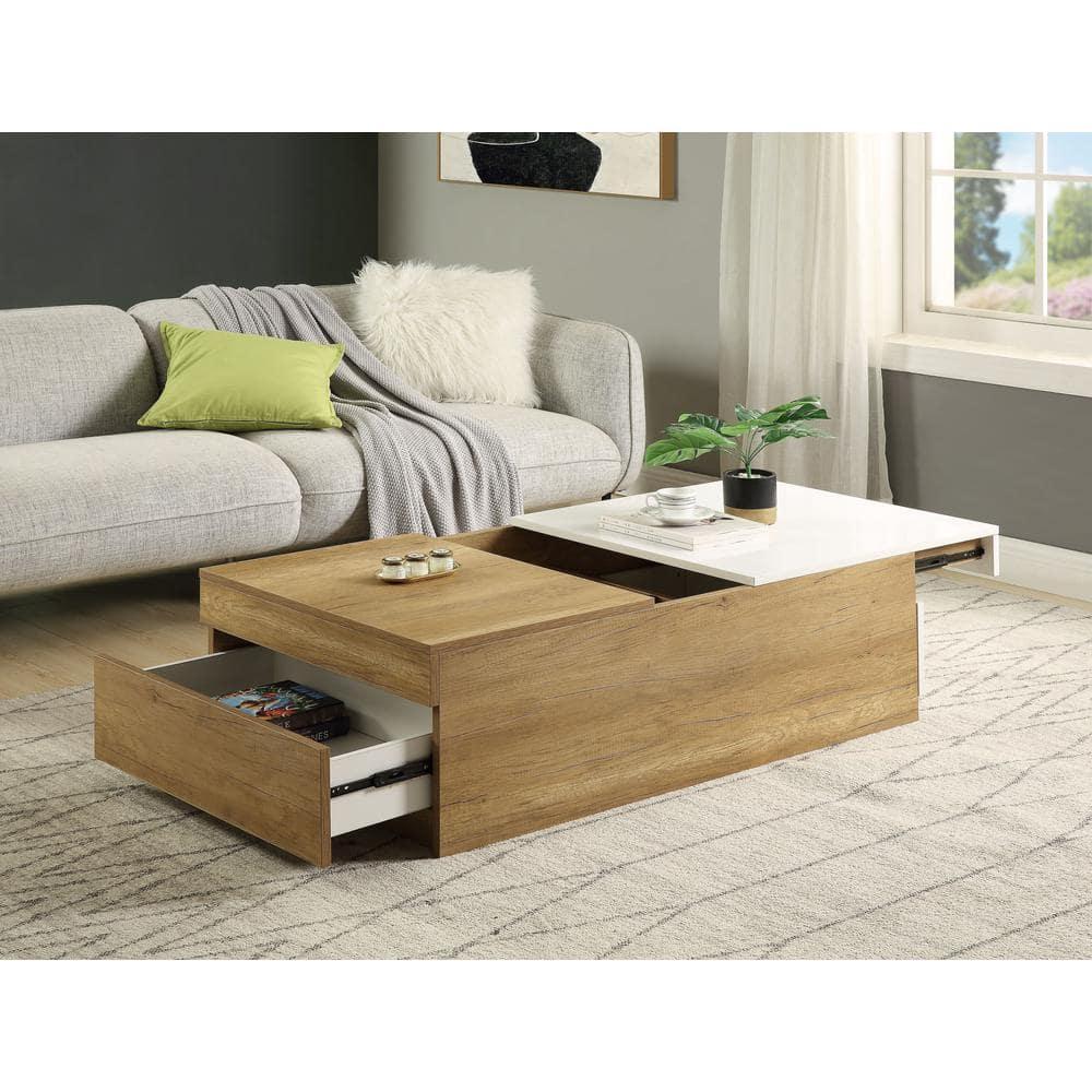 Aafje 49" Coffee Tables Oak/White Finish - Acme Furniture: Rectangular Living Room Table with Adjustable Shelves, Drawer
