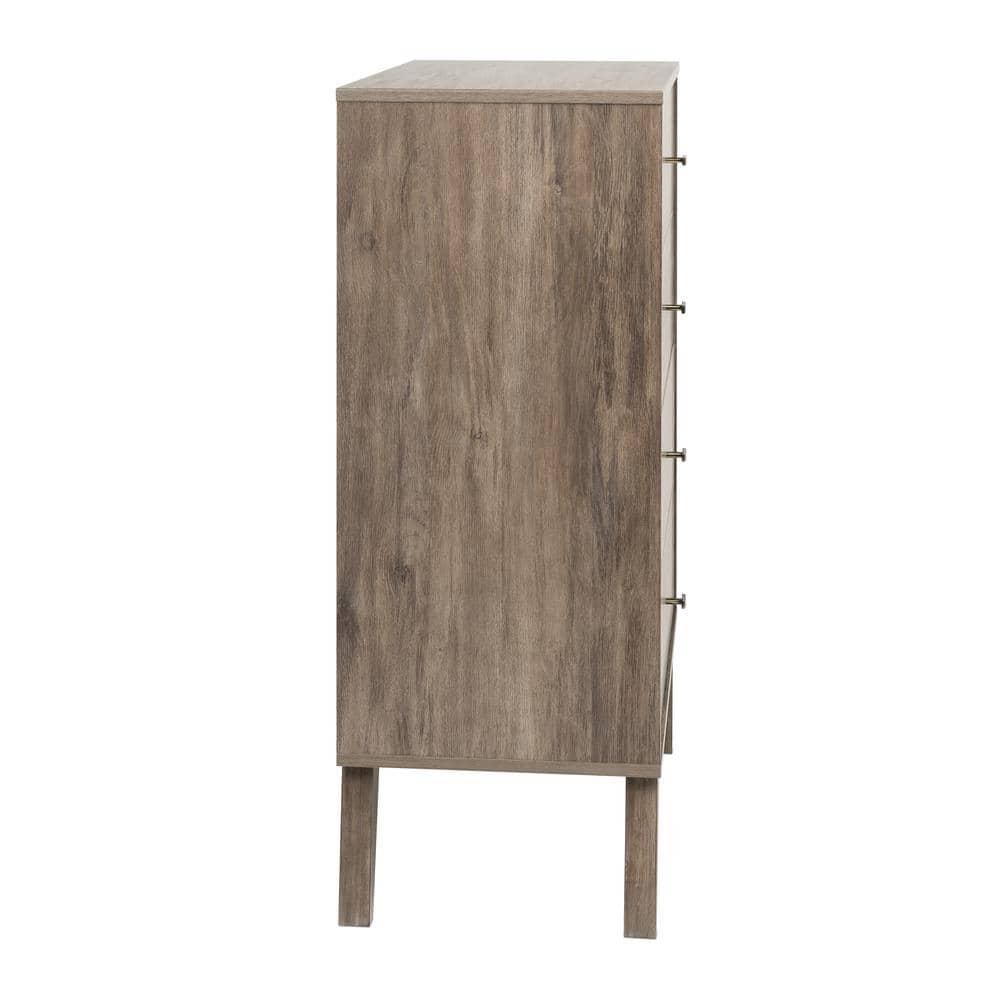 Mid-Century Modern 4 Drawer Chest Drifted Gray - Prepac: Sleek Bedroom Storage, Brass Knobs