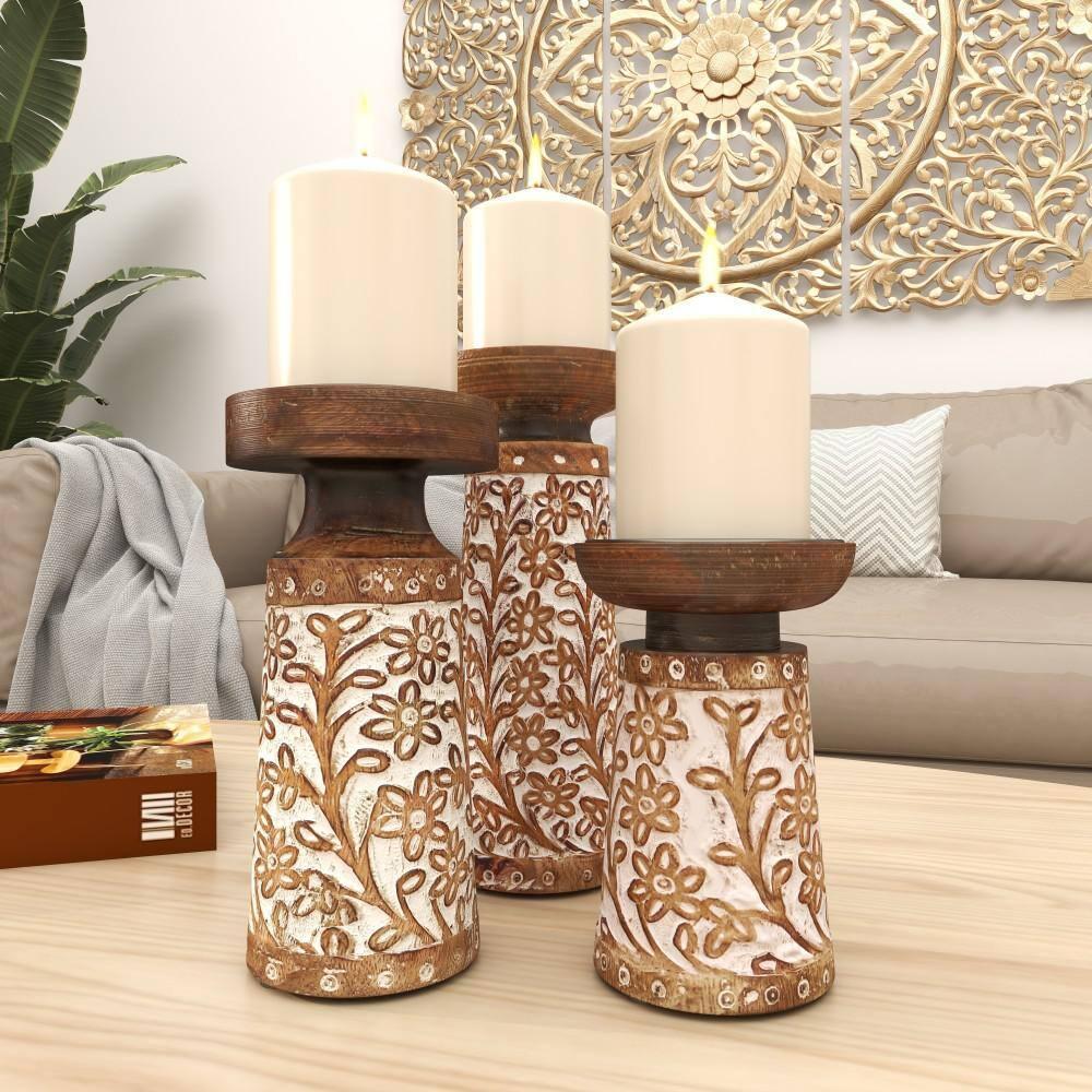 Gracie Oaks Mango Wood Floral Handmade Decorative Candle Holder Carved Pillar Candle Stand With Cream Accents, Set Of 3 Candlestick Holder 6", 8", 10"H, Brown