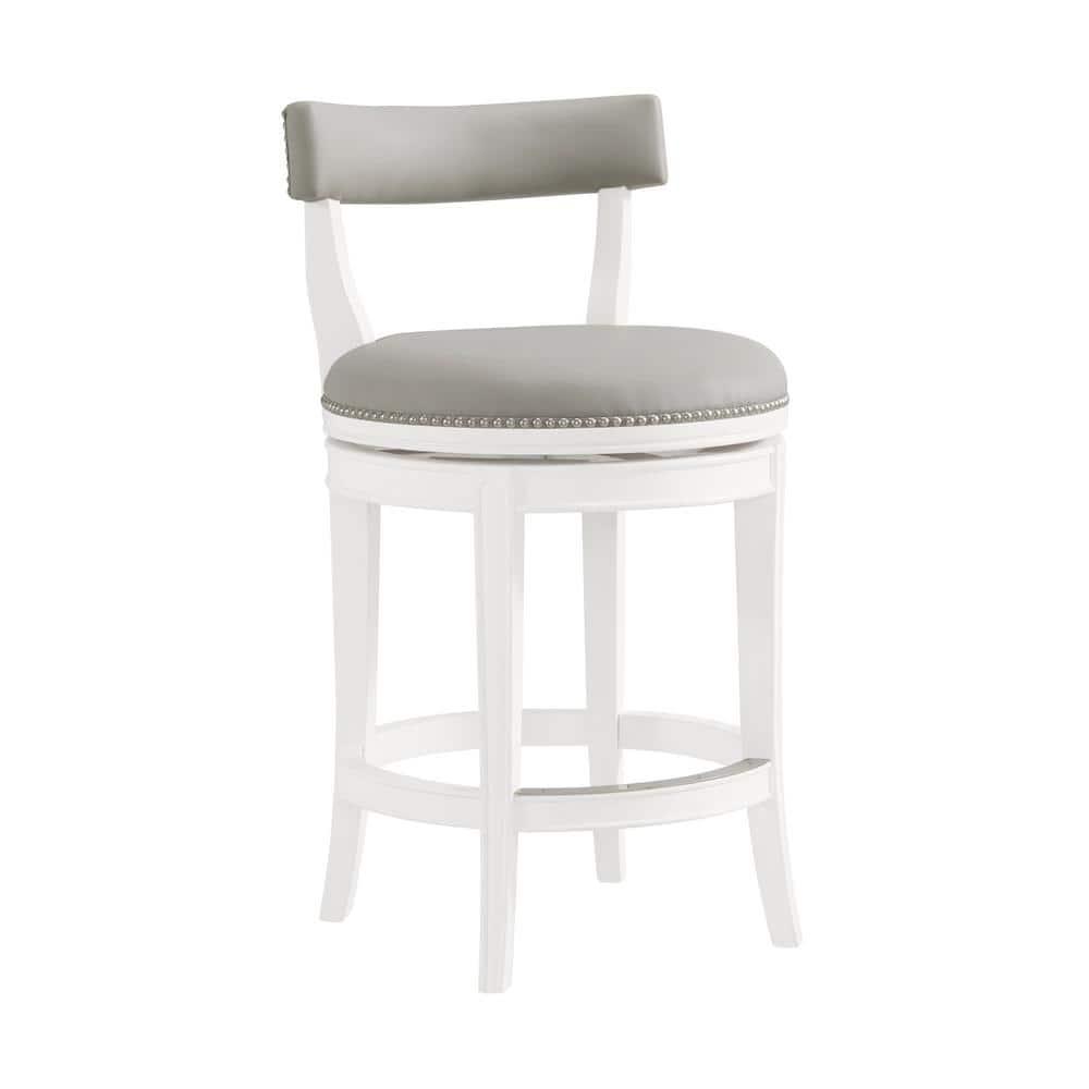 Hanover Swivel Counter Height Bar Stool, 26-Inch Seat Height, White and Gray, Solid Rubberwood Frame with Faux Leather Upholstery, Nailhead Trim, Memory Return Swivel Mechanism