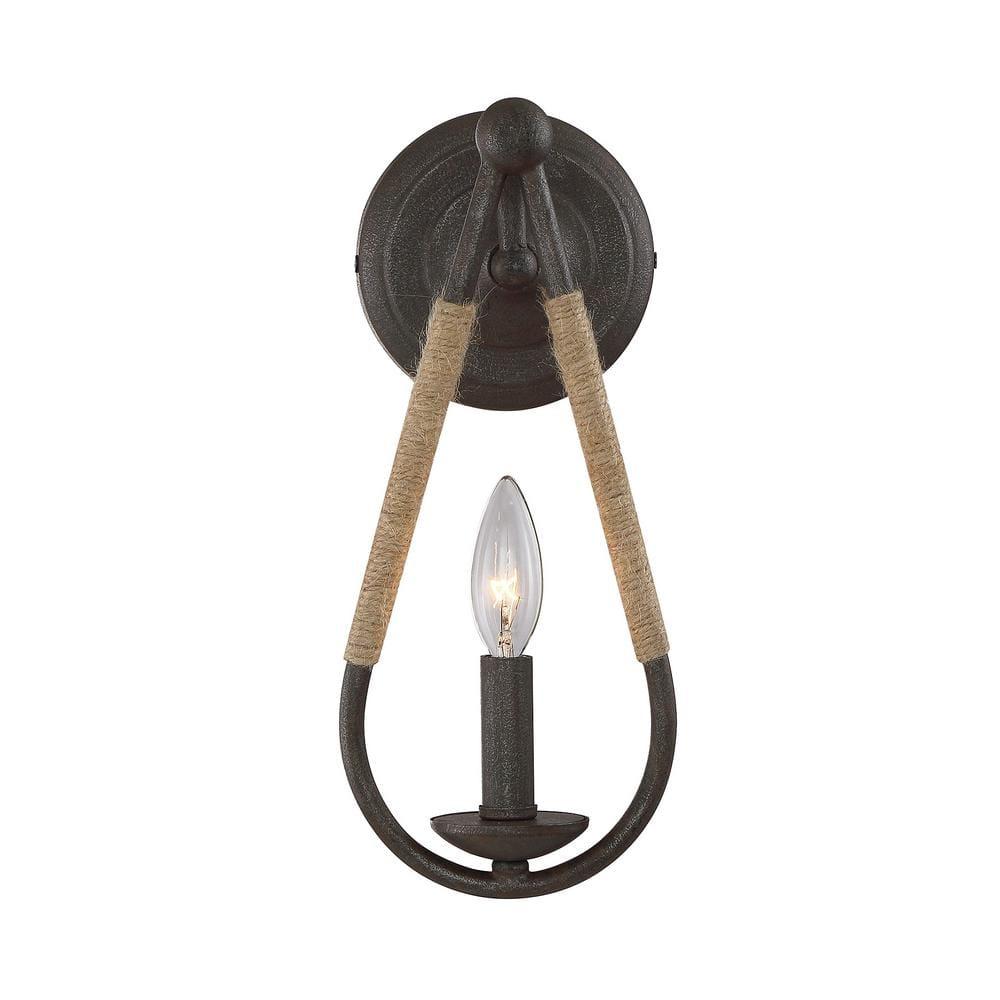 6 in. W x 13 in. H 1-Light Rusty Nail Wall Sconce with Rope Accent and Exposed Bulb
