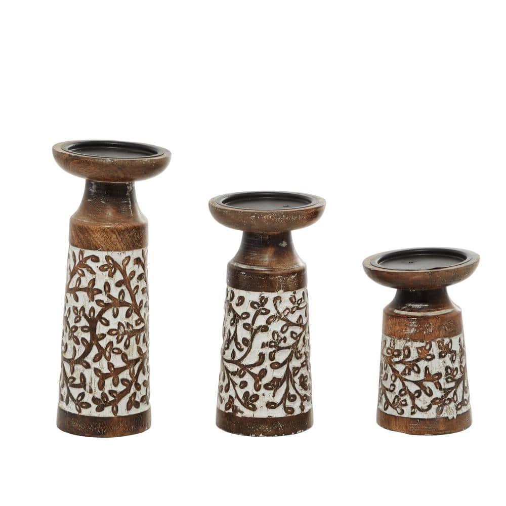 DecMode 3 Candle Brown Mango Wood Handmade Candle Holder, Set of 3