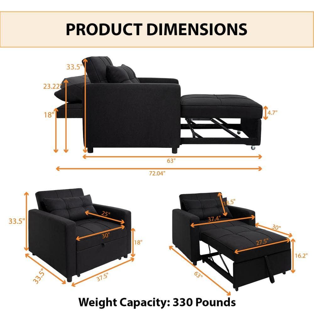 Anna 3 in 1 Convertible Chair Bed Sleeper, Pull Out Sofa Bed, Pull Out Couch, Sleeper Chair with with Pillow, Pull Out Bed with Adjustable Backrest Living Room - Black