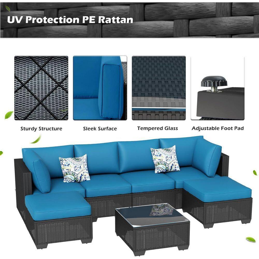Black Steel Frame 7-Piece Outdoor Sectional Sofa Set with Blue Cushions