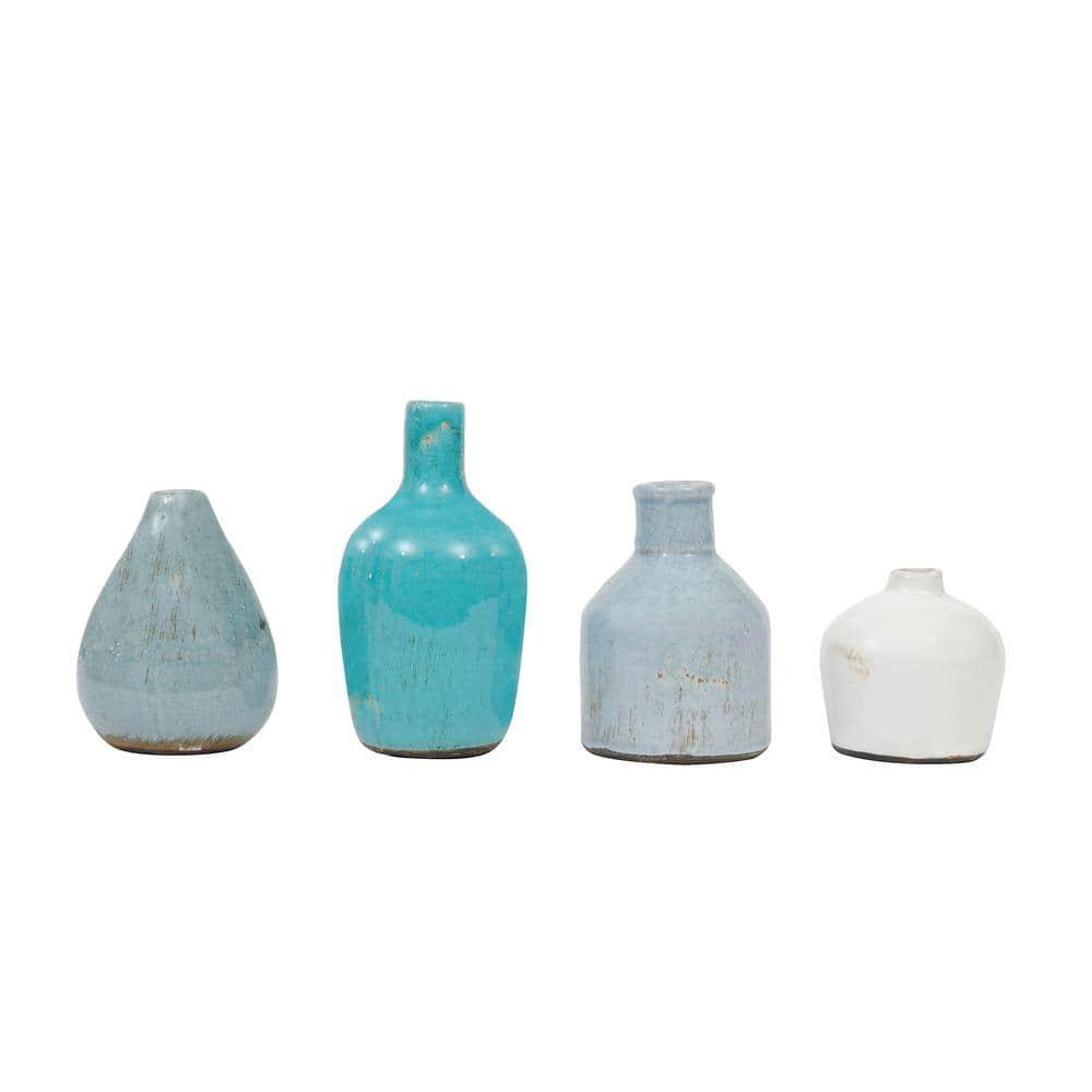 Storied Home Set of 4 Terra-cotta Vases Blue & White - Handmade Pottery, Not Dishwasher-Safe