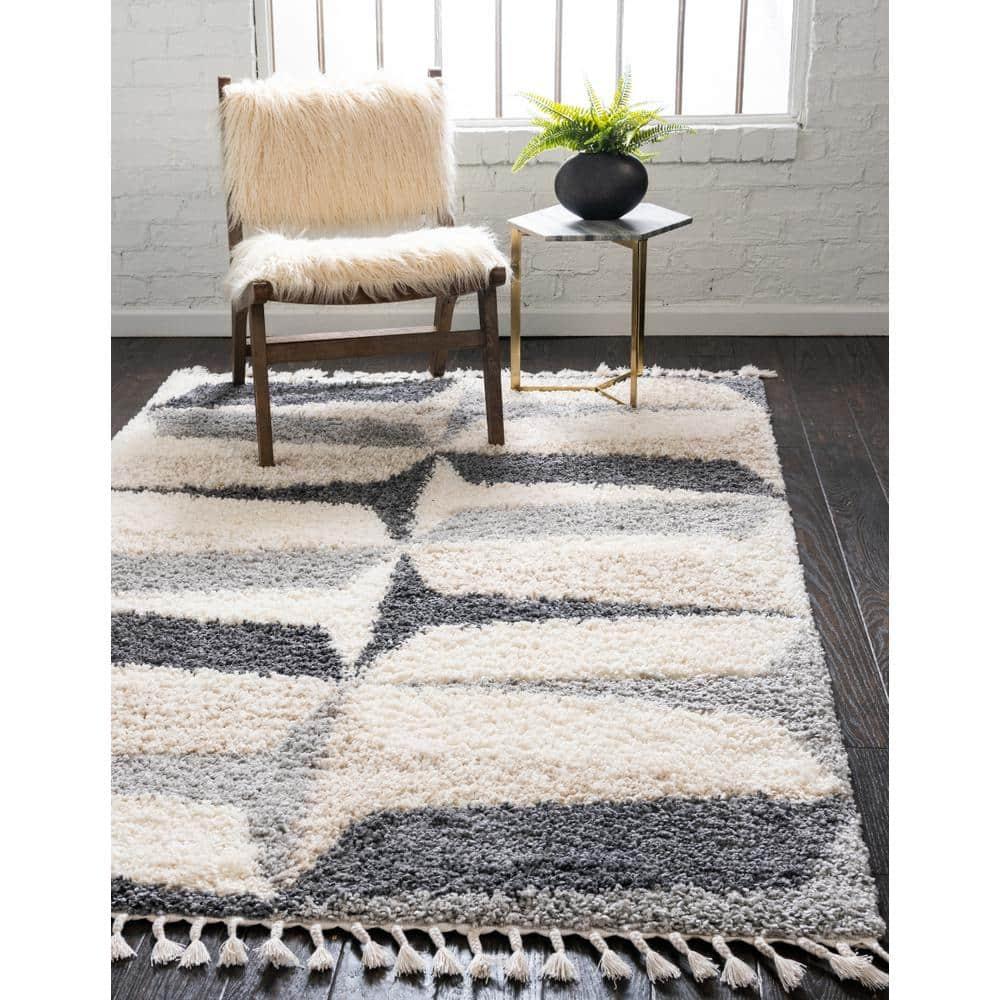 Unique Loom Hygge Shag Collection Area Rug - Balanced (4' 1" x 6' 1" Rectangle Gray/Ivory)