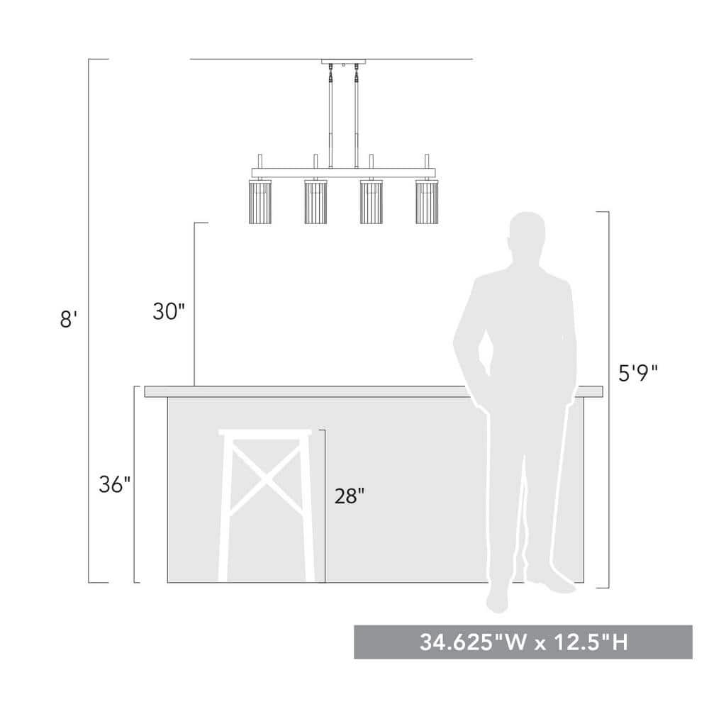 Golden Lighting Winslett 4-Light Linear Pendant in Pewter with Ribbed Clear Glass