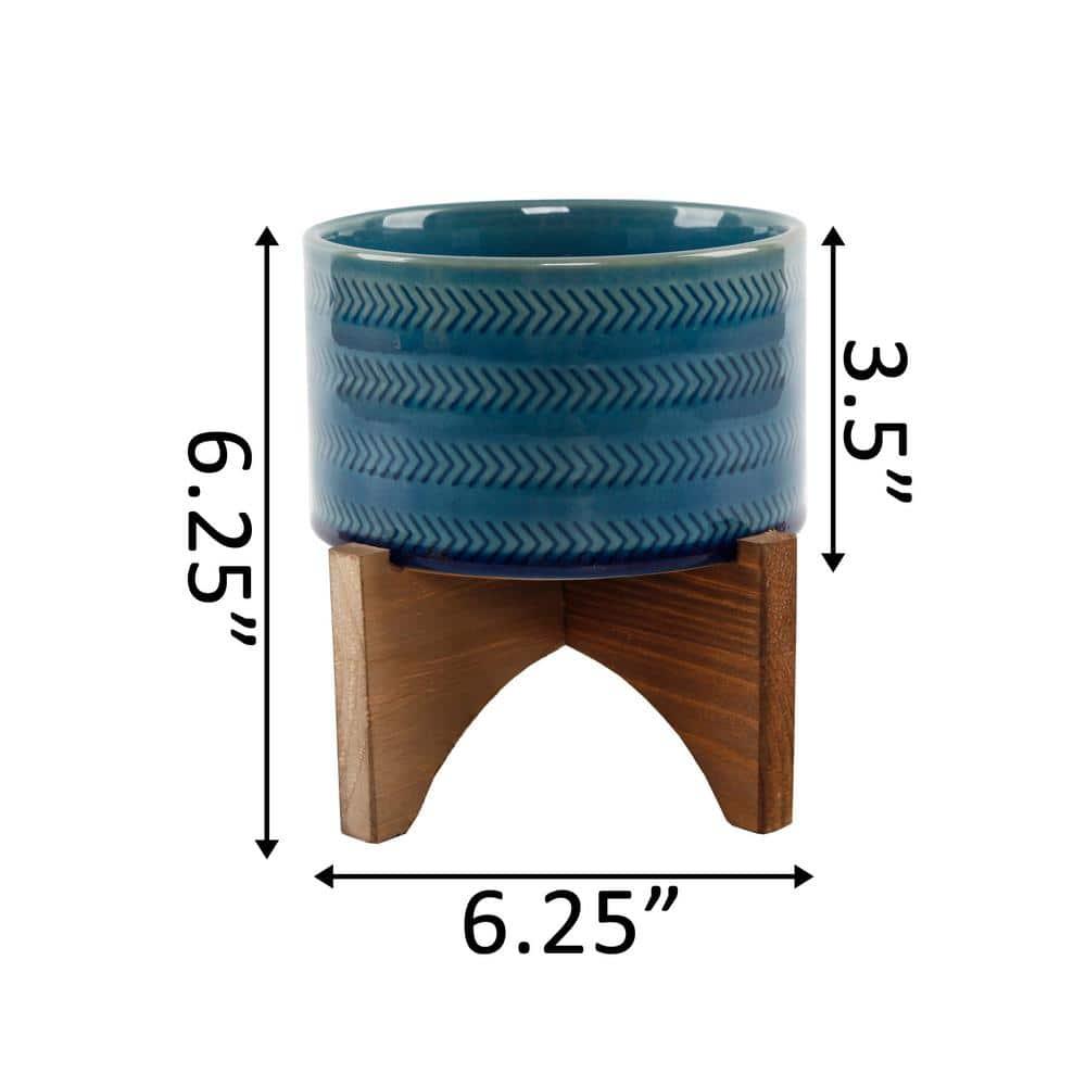 5' Arrow Ceramic Planter on Wood Stand,Glass Teal