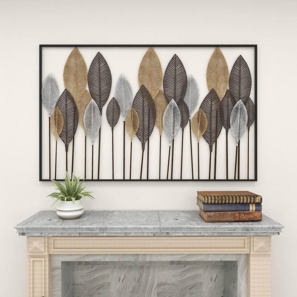 DecMode Bronze Metal Tall Cut-Out Leaf Wall Decor with Intricate Laser Cut Designs