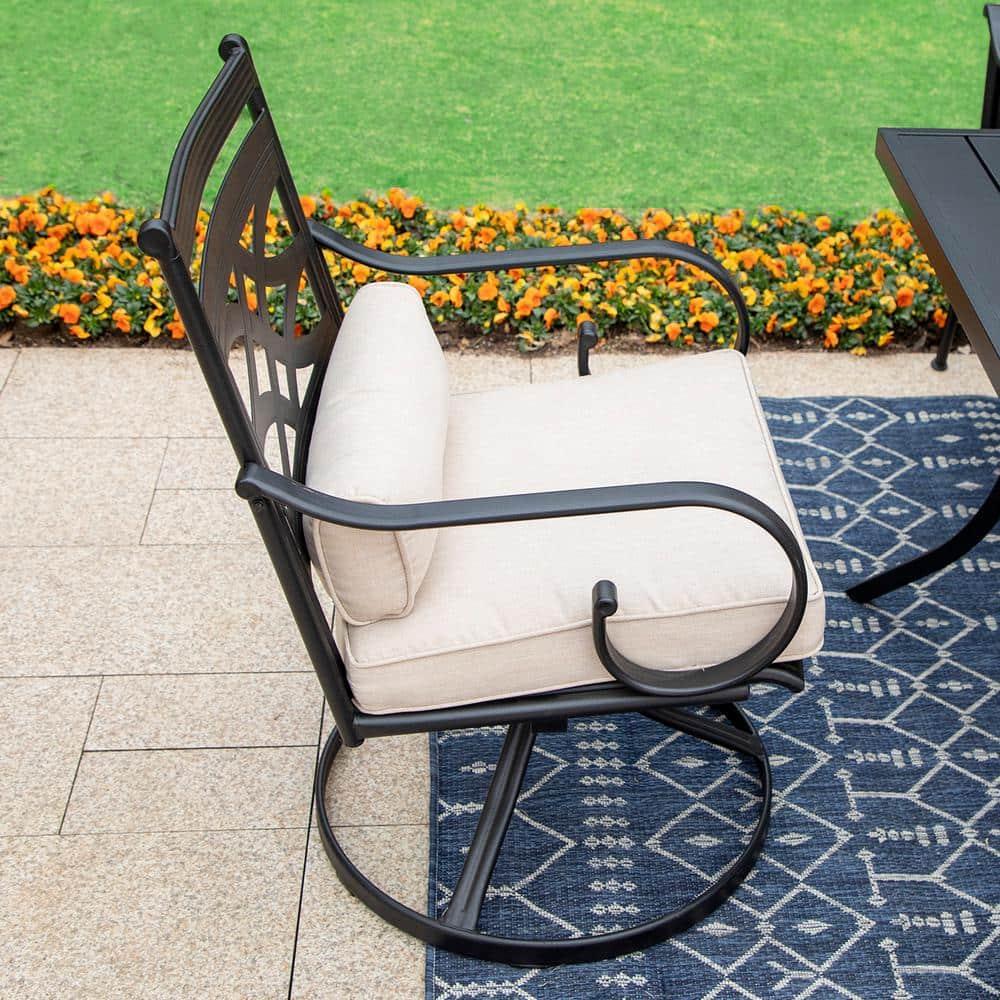 Summit Living 7-Piece Outdoor Patio Dining Set with 6 Swivel Cushioned Chairs & 1 Metal Steel Table, Black & Beige
