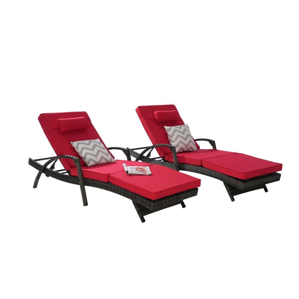 PAPROOS Outdoor Chaise Lounge Chair Set of 2, Rattan Patio Chaise Lounge Chair with Cushion and Arms, Modern 5-Positions Adjustable Outdoor Lounger Recliner for Poolside, Garden, Backyard, Red