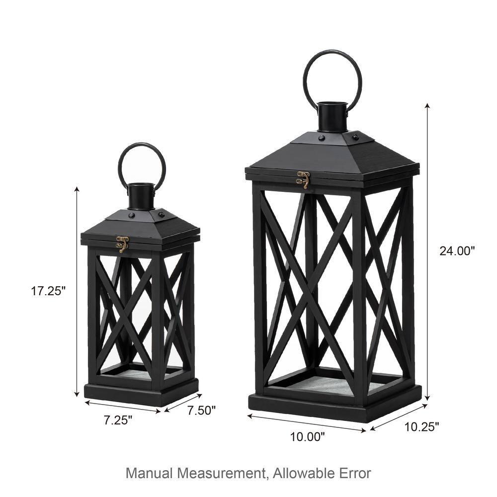 Glitzhome Modern Farmhouse Wooden Lantern Hanging Decorative Candle Lantern for Outdoor & Indoor Black Set of 2 (No Glass)