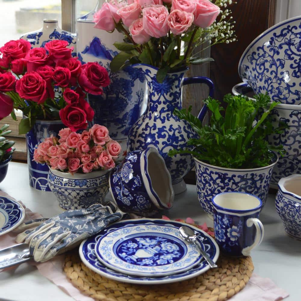 Euro Ceramica Blue Garden 16-Piece Hand-Painted Dinnerware Set- New