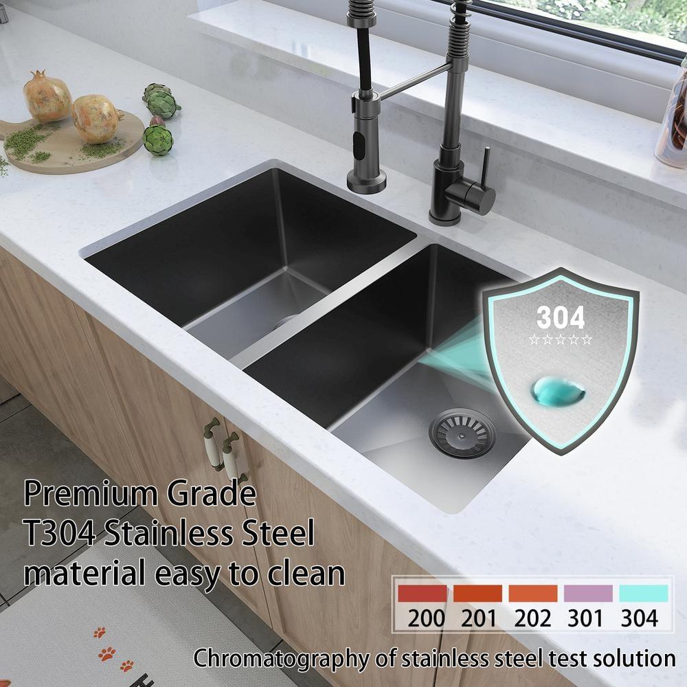 Sinber  Undermount Double Bowl 304 Stainless Steel Kitchen Sink 32" x 19" x 10"(18 Gauge Sink Only) - Black