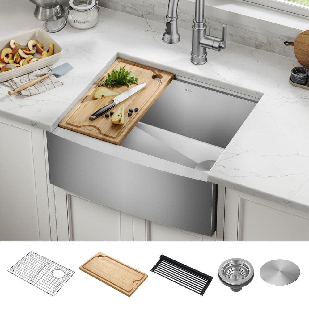 KRAUS Kore™ 24" L Farmhouse Apron Front Workstation 16 Gauge Stainless Steel Single Bowl Kitchen Sink with Accessories