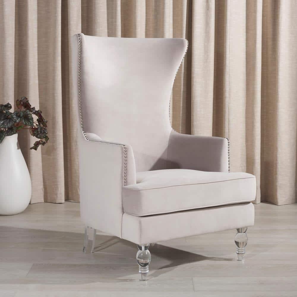 Pale Taupe Velvet Wingback Chair with Acrylic Legs