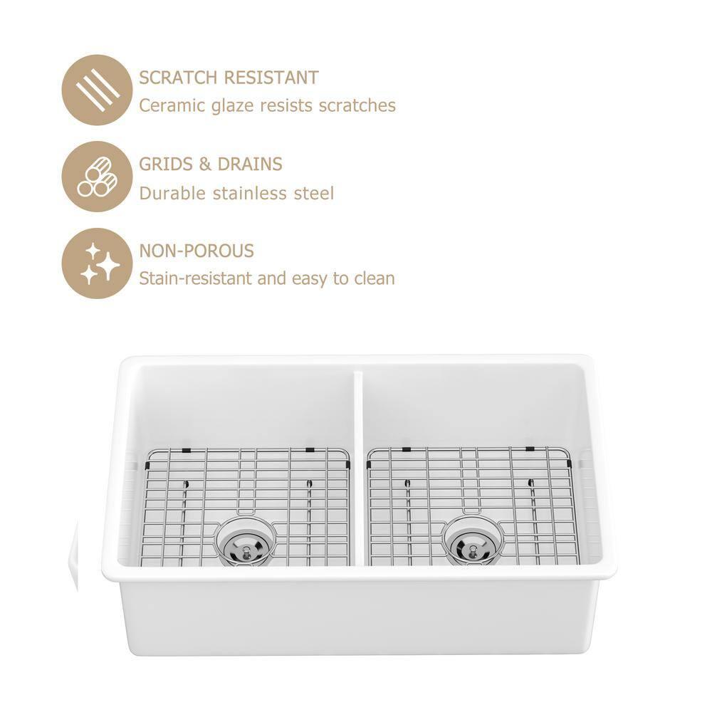 Sarlai 32'' L x 19" W White Ceramic 50/50 Double Basin Drop-In/Undermount Kitchen Sink with Sink Grids S-CSU3219-55