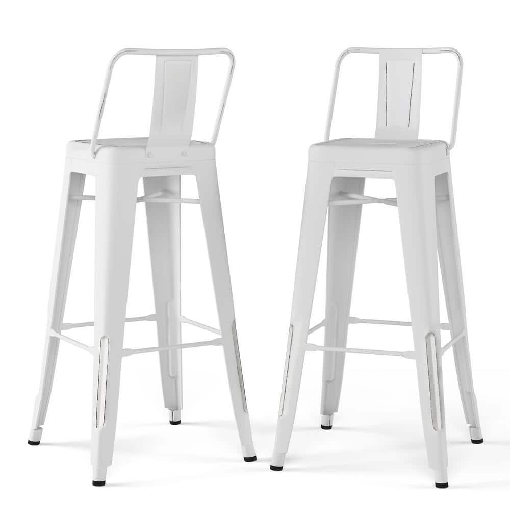Simpli Home Rayne Metal Industrial Stool with Curved Back, Cross-Brace, and Footrest