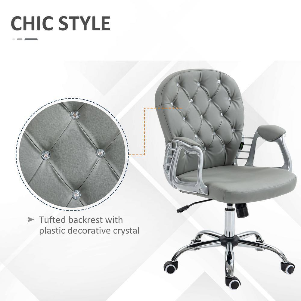 Vinsetto Vanity PU Leather Mid Back Office Chair Swivel Tufted Backrest Task Chair with Padded Armrests, Adjustable Height, Rolling Wheels, Gray