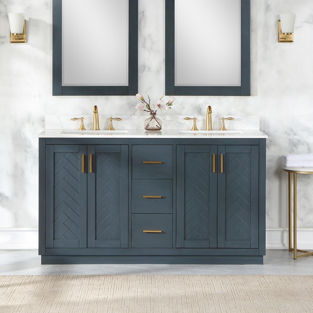 Gazsi 60" Double Bathroom Vanity Set in Charcoal Blue with Grain White Composite Stone Countertop without Mirror
