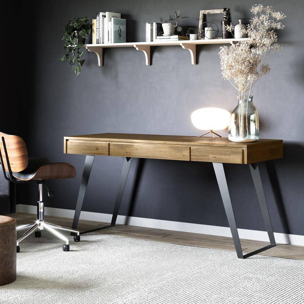 Simpli Home Lowry Solid Acacia Wood Desk, Industrial Style with Keyboard Tray and 2 Drawers
