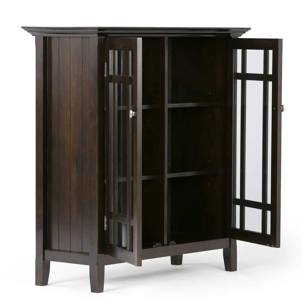 Simpli Home Bedford 39"W Solid Wood 4-Shelf Medium Storage Cabinet with Glass Doors and Adjustable Shelves
